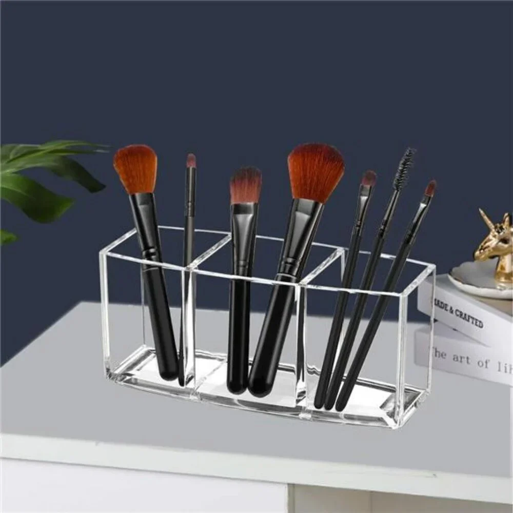 Clear Acrylic Makeup Brush Holder Organizer with 3 Slot Cosmetic Storage Stand